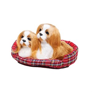 Cachorro Decorativo Shitzu Sentado Branco e Beg / Vermelho - 2 Unidades