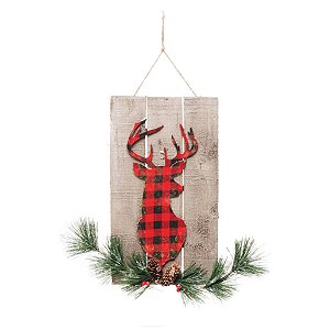 Quadro Decorado Silhueta Rena Xadrez Cinza e Vermelho e Preto