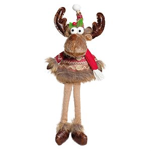 Rena de Natal Perna Comprida com Camiseta e Gorro Marrom e Vermelho 22cm