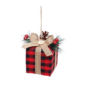 Enfeite para Pendurar Caixa de Presente Xadrez Vermelho e Preto e Cru