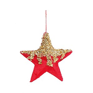 Estrela Veludo com Glitter Vermelho e Ouro 20cm - 3 Un