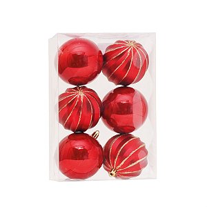 Bola de Natal Gomos / Lisa Vermelho e Dourado 8cm - 6 Peças