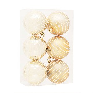 Bola de Natal Riscos Perola Dourado / Branco 8cm - 6 Un