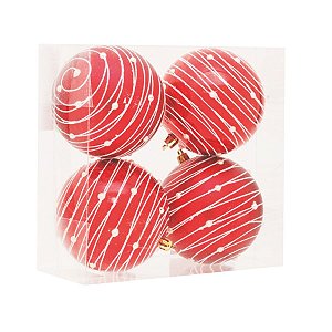 Bola de Natal Riscos Perola Vermelho e Branco 10cm - 4 Peças