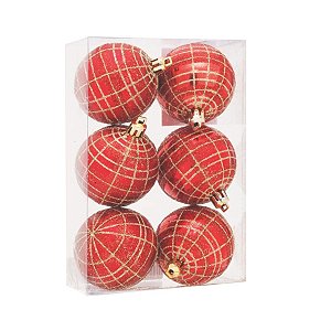 Bola de Natal Quadriculadaglitter Vermelho e Ouro 6cm - 6 Un
