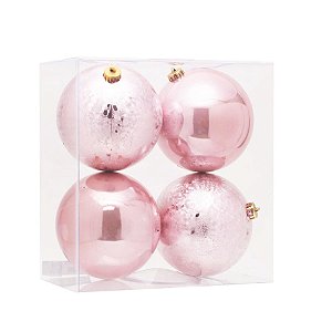 Bola de Natal Brilho e Craquelada Rosa Claro 15cm - 4 Peças