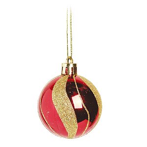Bola de Natal Brilhante com Listras Vermelho e Ouro 5cm - 6 Un