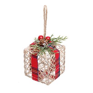 Enfeite Caixa Presente Sisal Fita Xadrez Bege e Vermelho e Preto 8cm