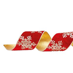 Fita de Natal Dupla Face Floco de Neve Vermelho e Ouro 10cmx450cm - 1 Rolo