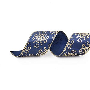 Fita de Natal Arabesco Azul Marinho e Ouro 6,3cmx914cm - 1 Un