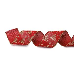 Fita de Natal Pinheiros Vermelho e Ouro 6,3cm - 1 Un