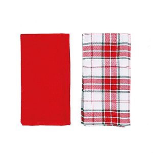 Pano de Copa Xadrez e Liso Vermelho e Branco - 2 Peças