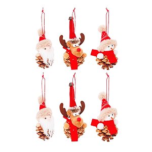 Enfeite para Pendurar - Boneco de Pinha Sortido Marrom e Vermelho e Branco - 1 Un