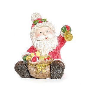 Papai Noel com Led Sentado com Saco de Presente Vermelho e Ouro