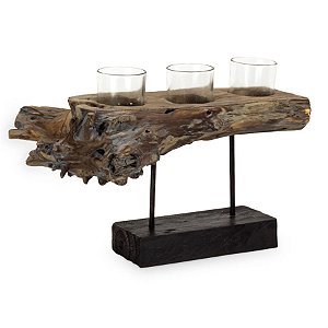 Tronco em Madeira com Pé de Vidro para 3 Velas