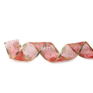 Fita de Natal Voal Flores Vermelho e Ouro 3,8cm (Fita para Presente) - 1 Unidade