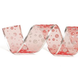 Fita de Natal Voal Bolas com Glitter 3,8cm (Fita para Presente) - 1 Unidade