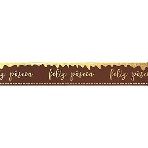 Fita Decorativo Cetim com Hot Stamping Feliz Páscoa Marrom 22mmx10m - 3 Un