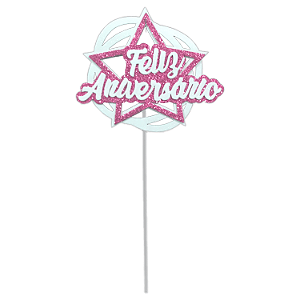 Topo Bolo Decorativo Festa Feliz Aniversário Estrela Rosa - 1 Un