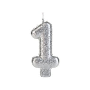 Vela Prateada Glitter Número 1