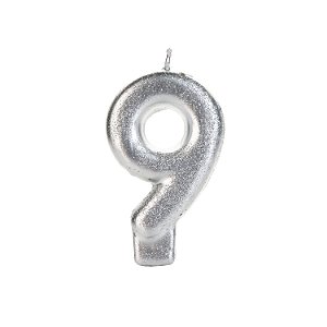 Vela Prateada Glitter Número 9