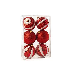 Bola Listras e Gomo com Glitter Vermelho 8cm - 6 Un