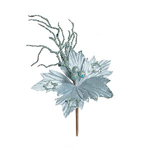 Poinsetia Azul Claro com Estrela Glitter - Flores Cabo Curto