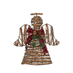 Anjo Rattan com Laço Xadrez Marrom e Vermelho e Preto P