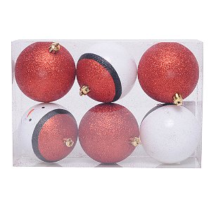 Bola Boneco de Neve Vermelha e Branco 8cm - 6 Un