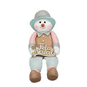 Boneco de Neve Sentado com Placa Feliz Natal Azul e Rosa e Ouro