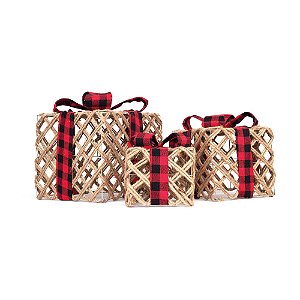 Caixas Presentes com Laço Xadrez Nude M e G - 3 Un