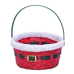 Cesta Redonda Bambu com Alça Cinto Noel Vermelho e Branco