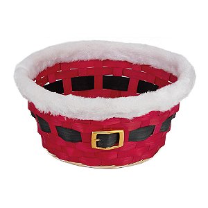 Cesta Redonda Bambu com Cinto Noel Vermelho e Branco