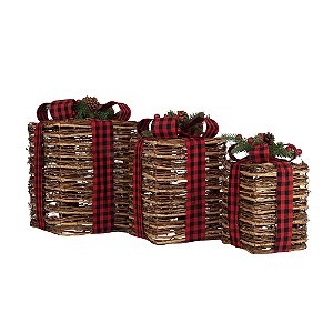 Caixa Presente iluminada Rattan com Laço - 3 Un