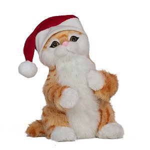 Gato Decorativo com Gorro Bege e Vermelho 22cm