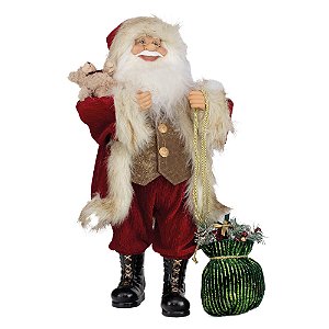 Noel em Pé com Saco de Presente Vermelho e Marrom e Bege 24cm