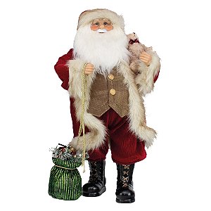 Noel em Pé com Saco de Presente Vermelho e Marrom e Bege 32cm