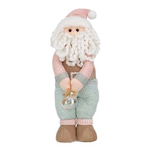 Noel em Pé Segurando Bola de Natal Azul e Rosa e Ouro