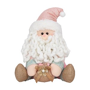 Noel Sentado com Saco de Presente Azul Rosa e Ouro