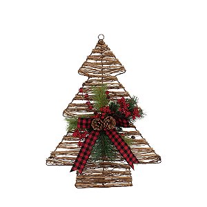 Pinheiro Iluminado em Rattan com Laço Xadrez