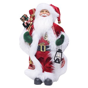 Papai Noel Segurando Lanterna Vermelho e Branco e Ouro 30cm