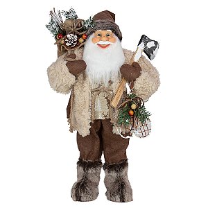 Papai Noel Segurando Saco de Presentes Marrom e Branco 60cm