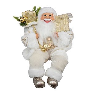 Papai Noel Sentado Saco Presentes Ouro e Crm e Branco 40cm