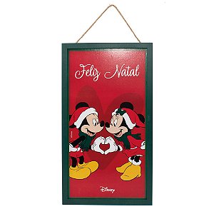 Quadro Escrito Feliz Natal Mickey e Minnie com Gorro 25X44,5