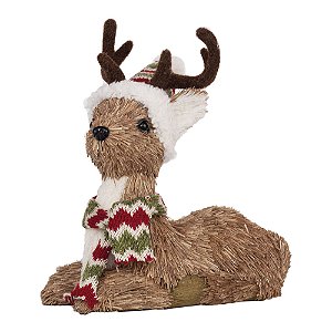 Rena Deitada com Cachecol e Gorro Marrom e Vermelho e Verde