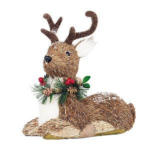 Rena Deitada com Guirlanda Pescoço Marrom e Vermelho e Verde