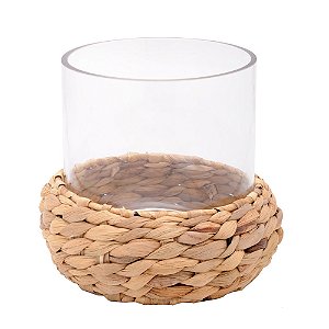 Vaso de Vidro Base de Palha Incolor e Bege P