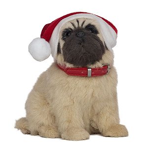 Pug Decorativo Gorro Bege e Preto e Vermelho 17cm