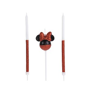 Vela Minnie 360 Meio Glitter Vermelha - 3 Un