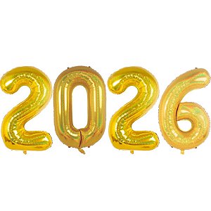 Kit Balão Metalizado 2026 Holográfico Glitter Ouro 40" 101cm